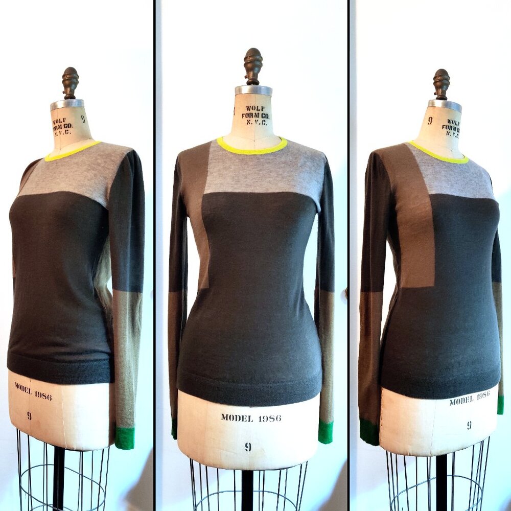 JOSEPH Grey Green Color Block Cashmere Crewneck Pullover Sweater Small Medium
